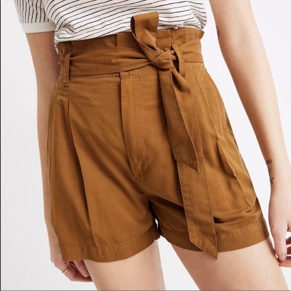 Madewell Green Brown Paperbag High Waist Shorts Size 4 Tie Waist Linen Blend - Picture 1 of 7